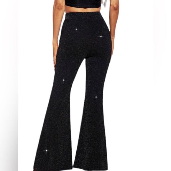 SHEIN NEW PRIVE ALL OVER GLITTER FLARE LEG PANTS BLACK  LARGE HOLIDAYS PARTY - Picture 5 of 6